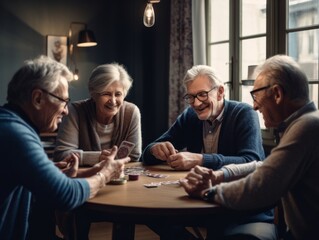 Modern Aging. A group of senior friends enjoying a game of cards at a modern, upscale retirement home. Generative AI