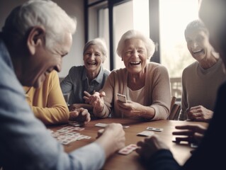 Modern Aging. A group of senior friends enjoying a game of cards at a modern, upscale retirement home. Generative AI - obrazy, fototapety, plakaty