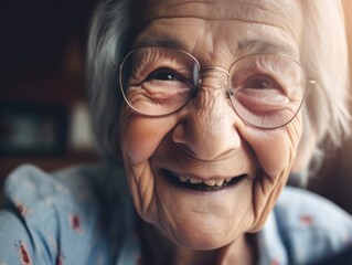 Modern Aging. Close - up portrait of an elderly woman smiling as she uses a tablet computer to video chat with her family. Generative AI