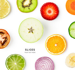 Fruit and vegetable slice creative layout isolated on white background.