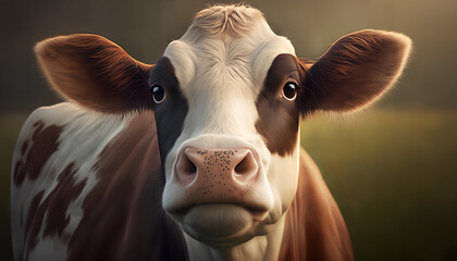 A cow with a brown muzzle and black spots on the muzzle
