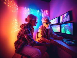 Modern Aging. Humorous image of an elderly couple playing a video game together. Generative AI