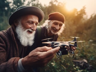 Modern Aging. Playful image of a couple of retired friends having fun with a drone camera. Generative AI