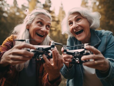 Modern Aging. Playful image of a couple of retired friends having fun with a drone camera. Generative AI