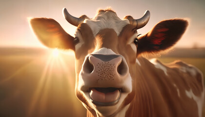 a cow in a pastoral landscape, with a focus on soft, natural tones - obrazy, fototapety, plakaty