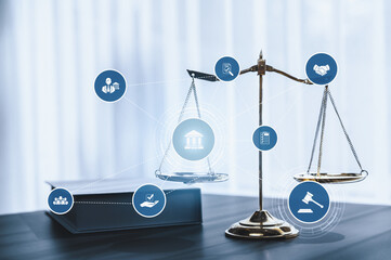 Smart law, legal advice icons and lawyer working tools in the lawyers office showing concept of digital law and online technology of astute law and regulations .