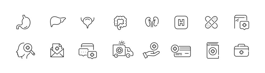 Medical treatment. Internal organs, check up, ambulance and hospital services. Pixel perfect, editable stroke line icons set