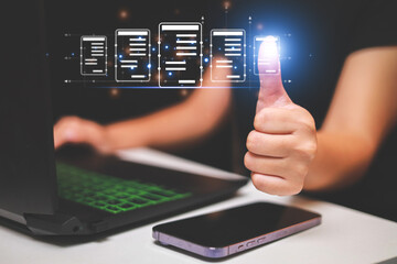 Business woman touching virtual monitor with document for online approve paperless quality assurance and ERP management concept.