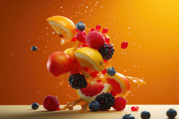 Fototapeta na wymiar Bunch of fruit falling into the air. Generative AI