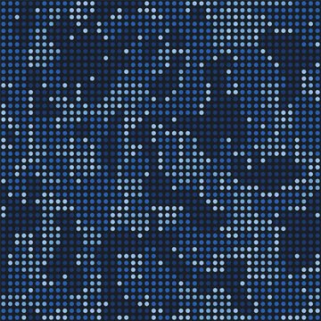 Halftone digital navy camouflage.  LED screen pattern in dark blue tones, camo grid, polka dot background. Seamless vector texture