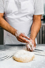 Artisan Baker Kneading Fresh Dough in Flour, Close-up Shot