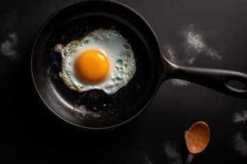 A rustic pan with a perfect fried egg sits on a sleek black stone counter. Generative AI