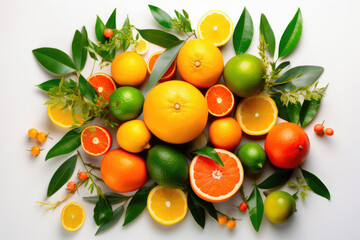 Creative composition made of citrus fruits lemon, orange with green leaf colors on white background. Generative AI