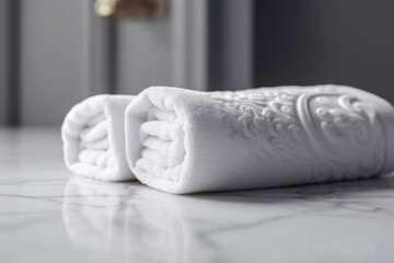 Fototapeta na wymiar Folded spa towel on white marble podium for product display. Generative AI