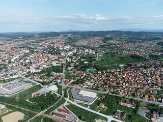 Lazarevac, Kolubara district of Serbia. Drone view of the city on a sunny day