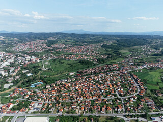 Fototapeta na wymiar Lazarevac, Kolubara district of Serbia. Drone view of the city on a sunny day