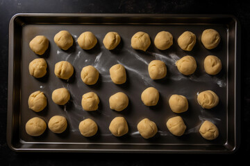 Lined baking sheet with dough shaped into balls. Generative AI