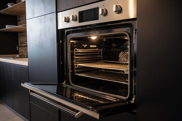 Open modern oven built in kitchen furniture. Generative AI