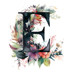 Letter E is surrounded by a vibrant splash of watercolor flowers and foliage, combining typography with the beauty of nature