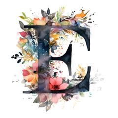 Letter E is surrounded by a vibrant splash of watercolor flowers and foliage, combining typography with the beauty of nature