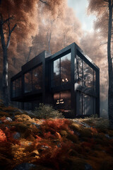 Fototapeta na wymiar A house sitting in the middle of a forest. Generative AI