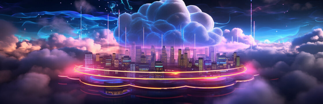 Concept art of cloud computing featuring a surreal sky filled with floating,illustration,created with Generative AI Technology
