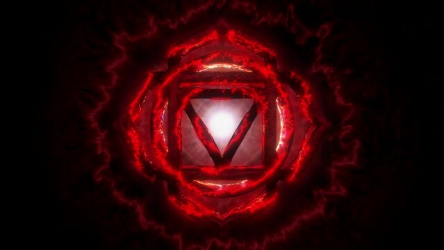 Muladhara - Root Chakra: Grounded in deep red energy, Muladhara represents our foundation, providing stability, security, and a strong connection to the Earth. Seamless loop. Tunnel of light
