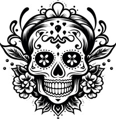skull day of the dead icon in black and white