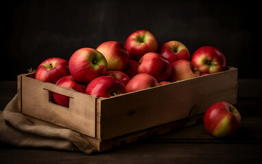 Red apples in a wooden box. Generative AI technology.