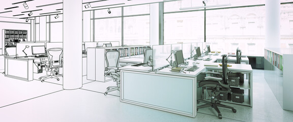 Offene Bürofläche mit Computerarbeitsplätzen (Zeichnung) - 3D Visualisierung
