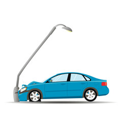 Accident. The blue car crashed into a lamp post.