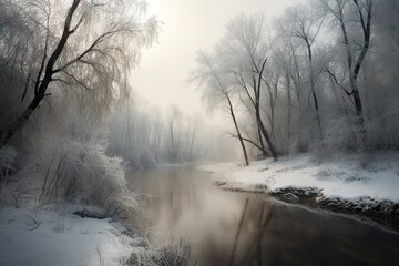Obraz na płótnie Canvas Winter Forest River Background: Scenic Nature Landscape with Snowy Trees. Generative AI illustrations