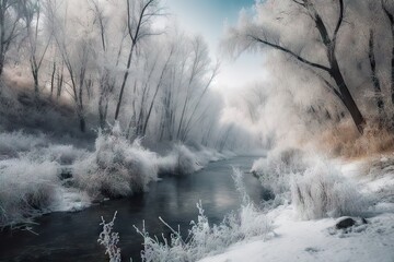 Winter Forest River Background: Scenic Nature Landscape with Snowy Trees. Generative AI illustrations