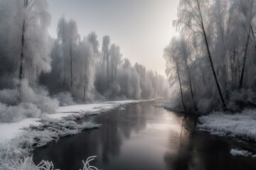 Obraz na płótnie Canvas Winter Forest River Background: Scenic Nature Landscape with Snowy Trees. Generative AI illustrations