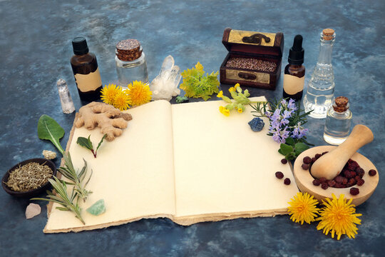 Naturopathic herbal plant medicine for natural healing with hemp recipe book, essential oils, crystals, herbs flowers. Old fashioned alternative magical pagan composition for flower remedies.