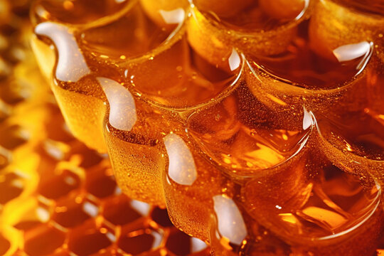 Macro detailed golden honey and honeycombs. Liquid sticky texture. Natural products background