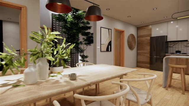 Kitchen interior design and dining area, 3D animation.