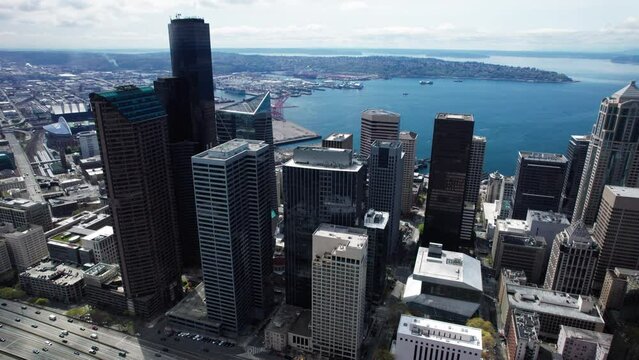 Oceanfront Aerial View of Downtown Seattle Skyscraper Buildings