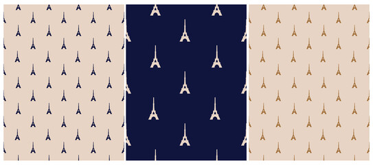 Seamless Vector Pattern with Little Eiffel Tower Icons Isolated on a Dusty Beige and Drak Royal Blue Background. Simple Abstract Paris Symbol Endless Print ideal for Fabric, Textile, Wrapping Paper. - 600095337