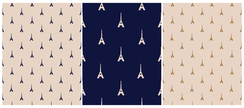 Seamless Vector Pattern with Little Eiffel Tower Icons Isolated on a Dusty Beige and Drak Royal Blue Background. Simple Abstract Paris Symbol Endless Print ideal for Fabric, Textile, Wrapping Paper.