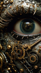 Cyborg eye and face, bronze and gold ancient gears, mechanism, technology, sci-fi, fantasy, steam-punk, science. Generative AI.
