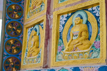 Fototapeta na wymiar Details of Diskit Gompa is the oldest and largest Buddhist monastery (gompa) in Diskit, Nubra Valley of the Leh district of Ladakh