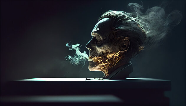 Alegoric recreation of danger of tobacco in the health of a man. Illustration AI