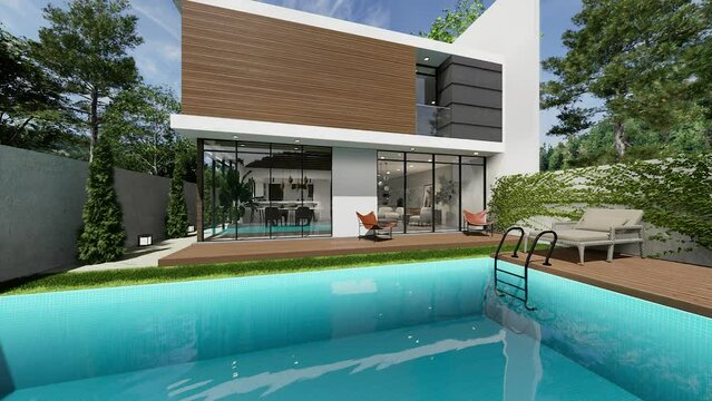 Modern house with swimming pool and garden. Architectural 3D animation.