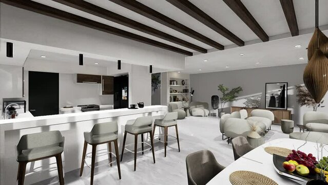 Living room kitchen interior design open space, 3D animation.