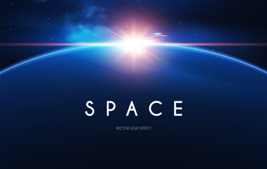 Planet with sun rays. Cosmic sunrise and sunset. Solar ring abstract light effect. Universe design. © feaspb