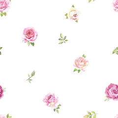 Watercolor roses illustration hand drawn. Seamless pattern