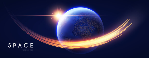 Space background. Universe, Earth planet and motion light. Futuristic design. © feaspb