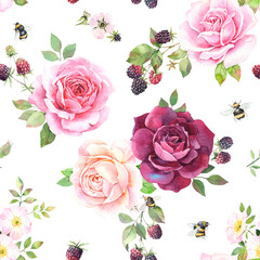Watercolor roses and blackberry illustration hand drawn. Seamless pattern