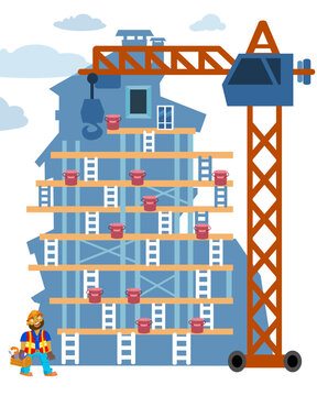 Maze for children. Puzzle game with cute characters. Help the builder find his way upstairs to put up the window. Vector illustration.